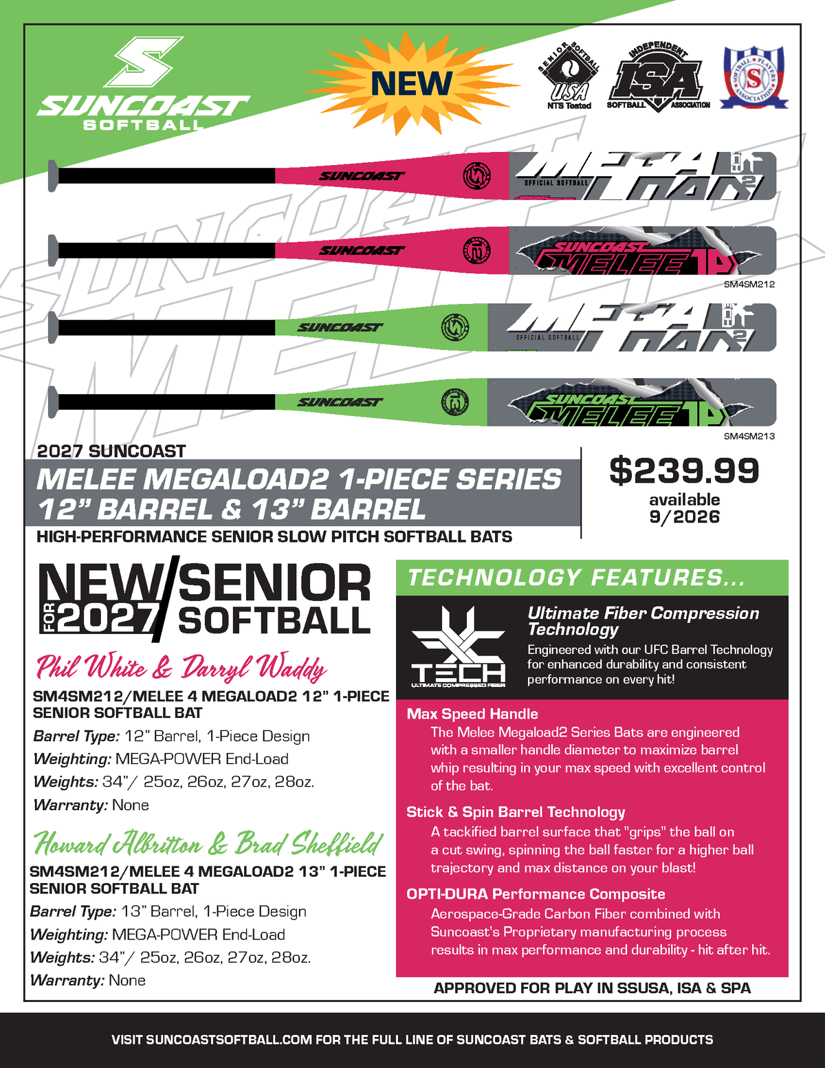 Suncoast Melee 4 Megaload2 13" 1-Piece SSUSA Senior Slowpitch Softball Bat
