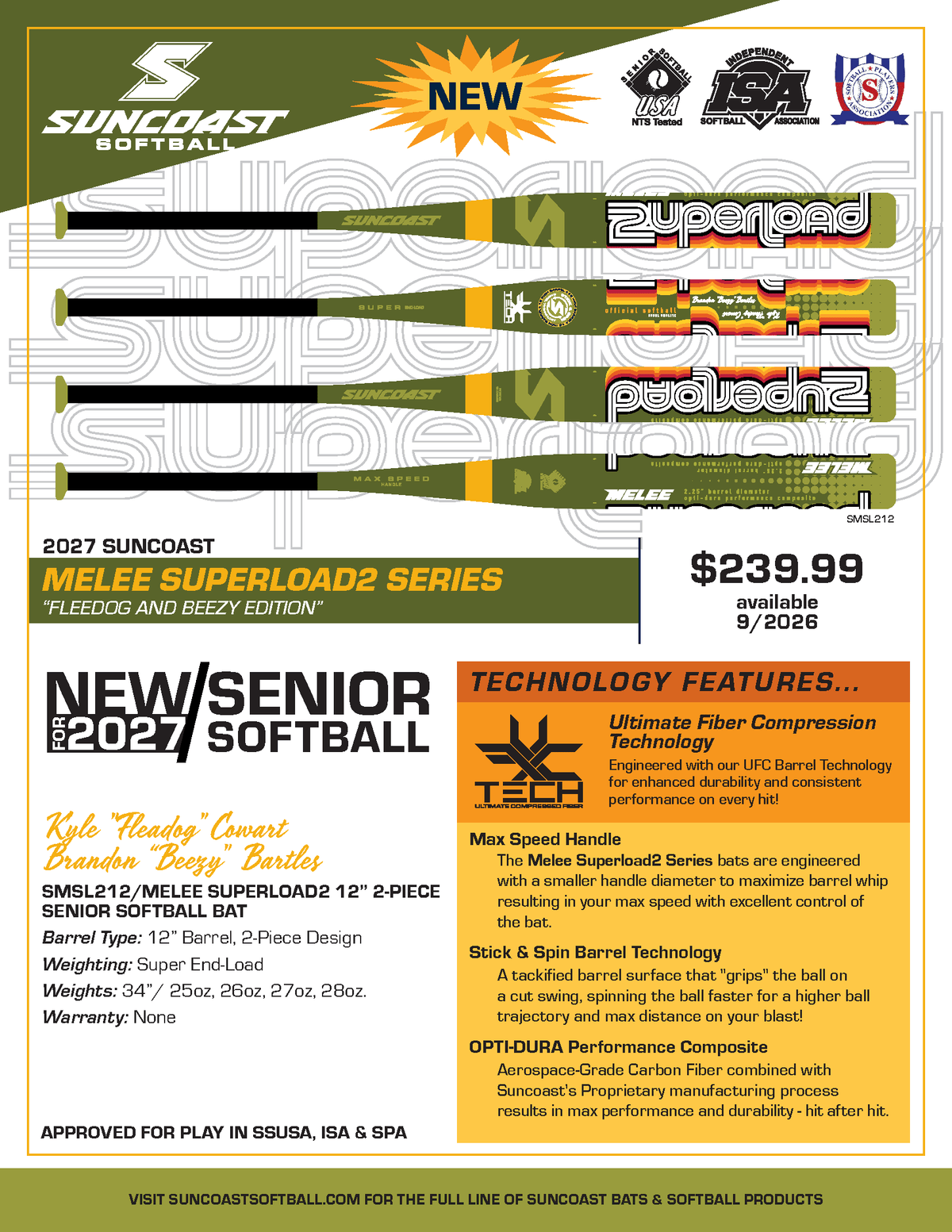 Suncoast Melee Superload2 12" 2-Piece SSUSA Senior Slowpitch Softball Bat
