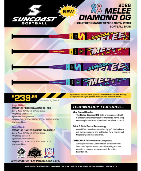 2026 Suncoast Melee Diamond OG 12" 2-Piece End Loaded SSUSA Senior Slowpitch Softball Bat