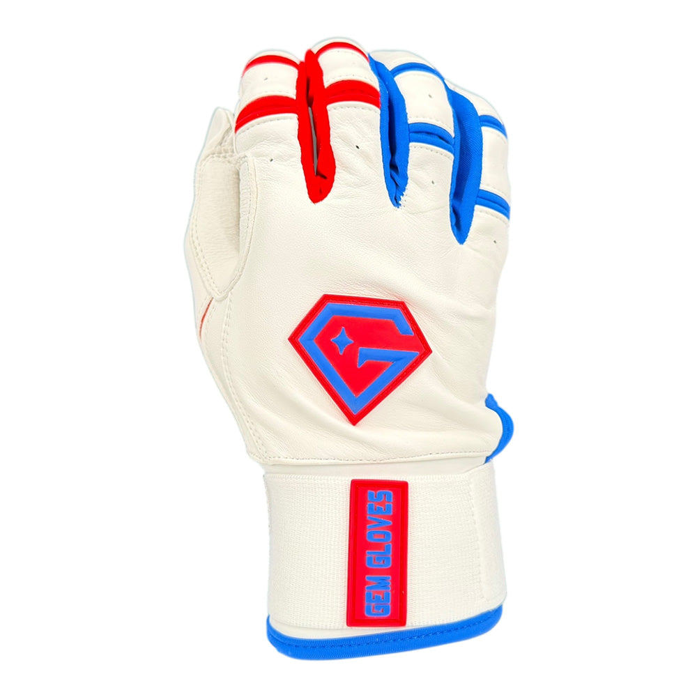 Gem Glove Prospector Long Cuff Batting Glove - White/Red/Royal