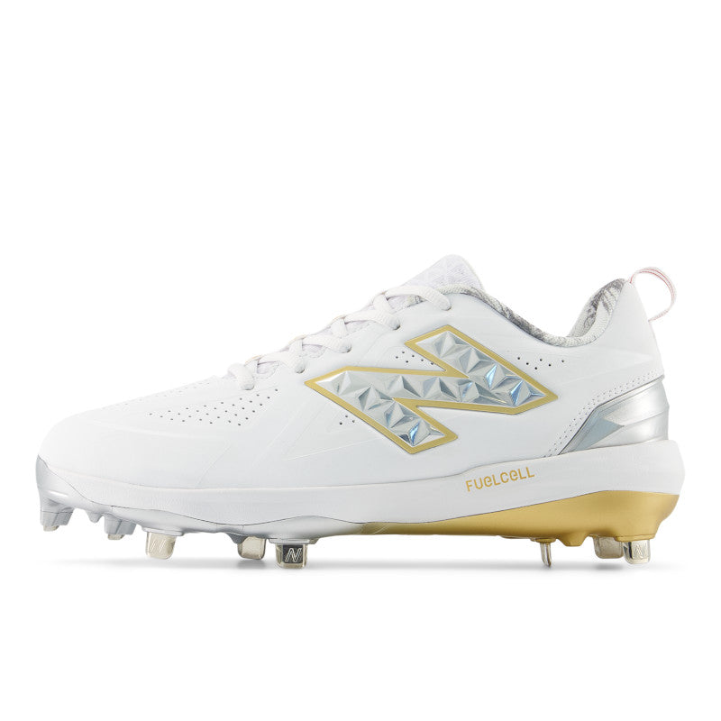 New Balance Women's FuelCell FUSE v5 Metal Fastpitch Softball Cleats - White / Gold - SMFUSEE5