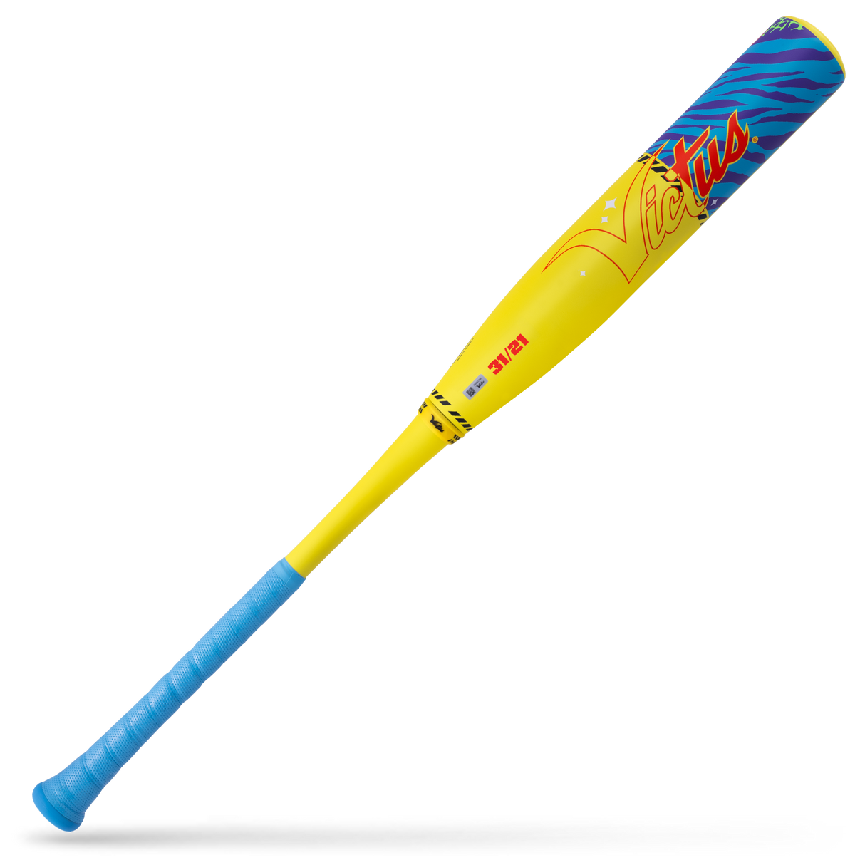 Colorful baseball bat with blue and yellow design on a white background