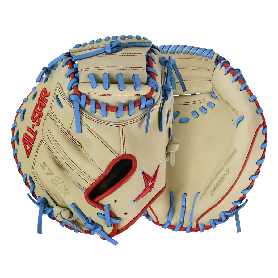 All-Star S7-Elite Pro Travel Fit Catchers Mitt/Glove - Tan/Red/Sky Blue