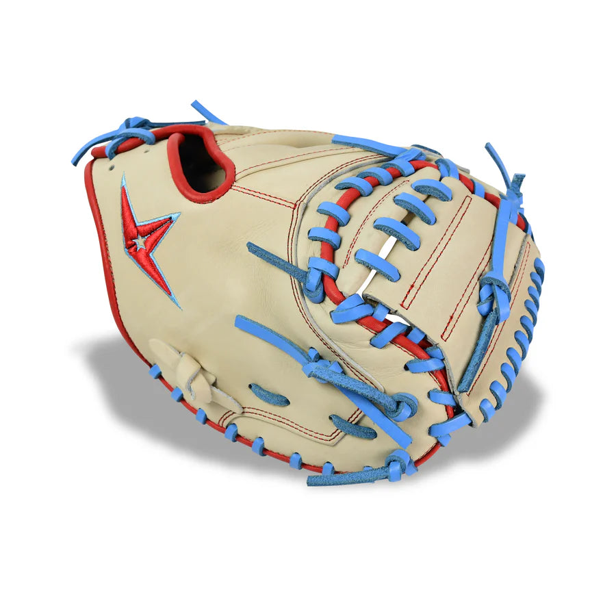 All-Star S7-Elite Pro Travel Fit Catchers Mitt/Glove - Tan/Red/Sky Blue