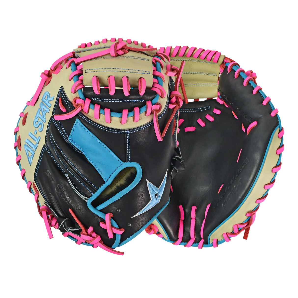 All-Star S7-Elite Pro Travel Fit Catchers Mitt/Glove - Black/Tan/Sky Blue/Pink