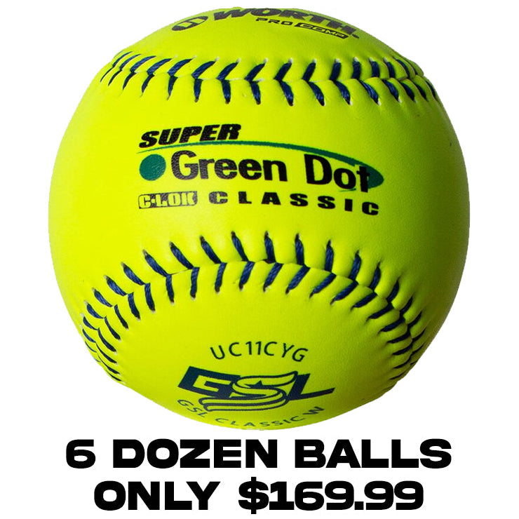 Worth Super Green Dot Class W Composite 44/400 GSL 11" Slowpitch Softballs - UC11CYG (6-DOZEN)