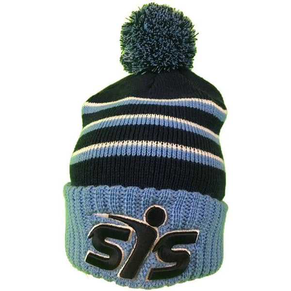 SIS Knit Pom Beanie Winter Hat (Navy/Columbia Blue/White)