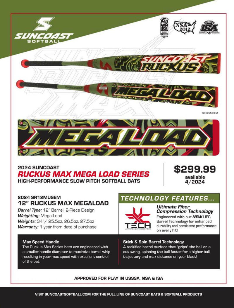 2023 Suncoast Ruckus Max Mega Load USSSA Slowpitch Softball Bat