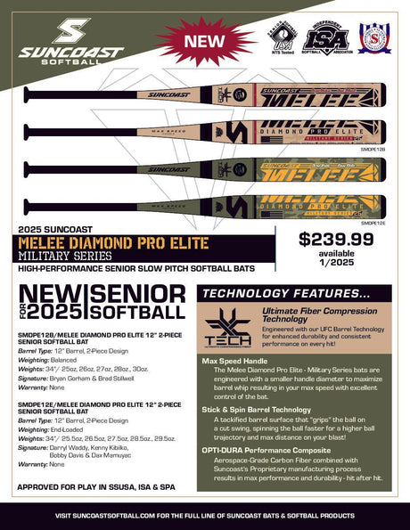 2025 Suncoast Melee Diamond Pro Elite 12" 2-Piece Endload Military Series SSUSA Senior Slowpitch Softball Bat - Smash It Sports