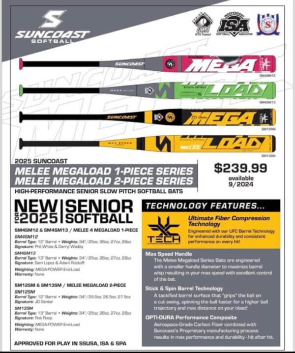 2025 Suncoast Melee Megaload 13" 1-Piece SSUSA Senior Slowpitch Softball Bat - SM4SM13