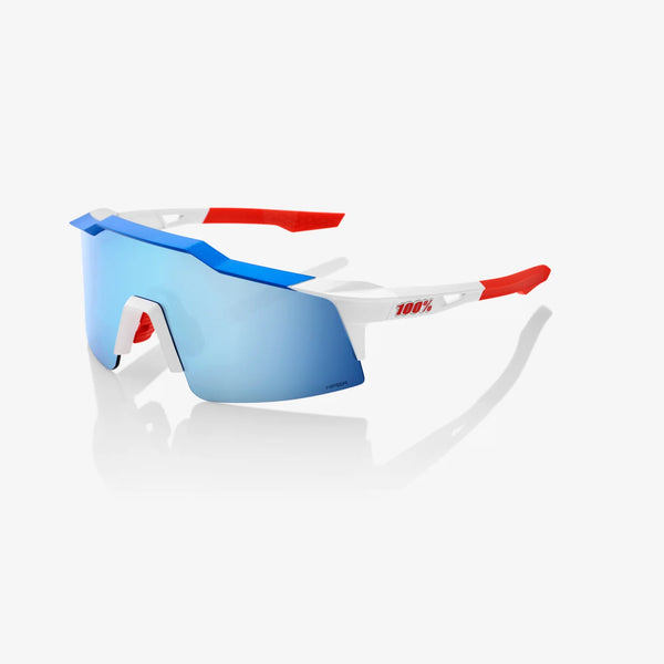 100 Percent Sunglasses - SPEEDCRAFT SL - TotalEnergies Team Matte White / Metallic Blue - HiPER Blue Multilayer Mirror Lens - Smash It Sports