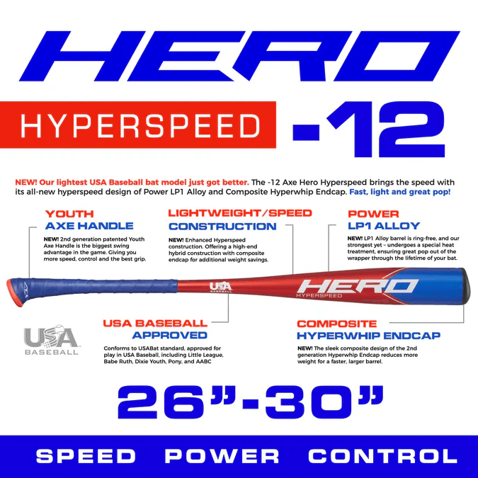 2024 Axe Hero Hyperspeed USA Baseball Bat -12 | Standard Handle - Smash It Sports