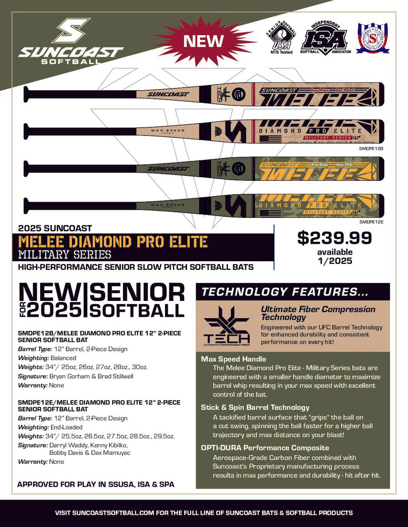 2025 Suncoast Melee Diamond Pro Elite 12" 2-Piece Balanced Military Series SSUSA Senior Slowpitch Softball Bat