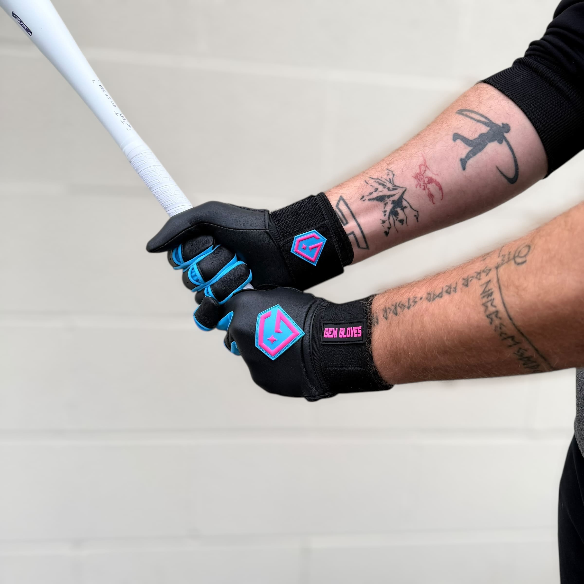 Baseball gloves holding bat