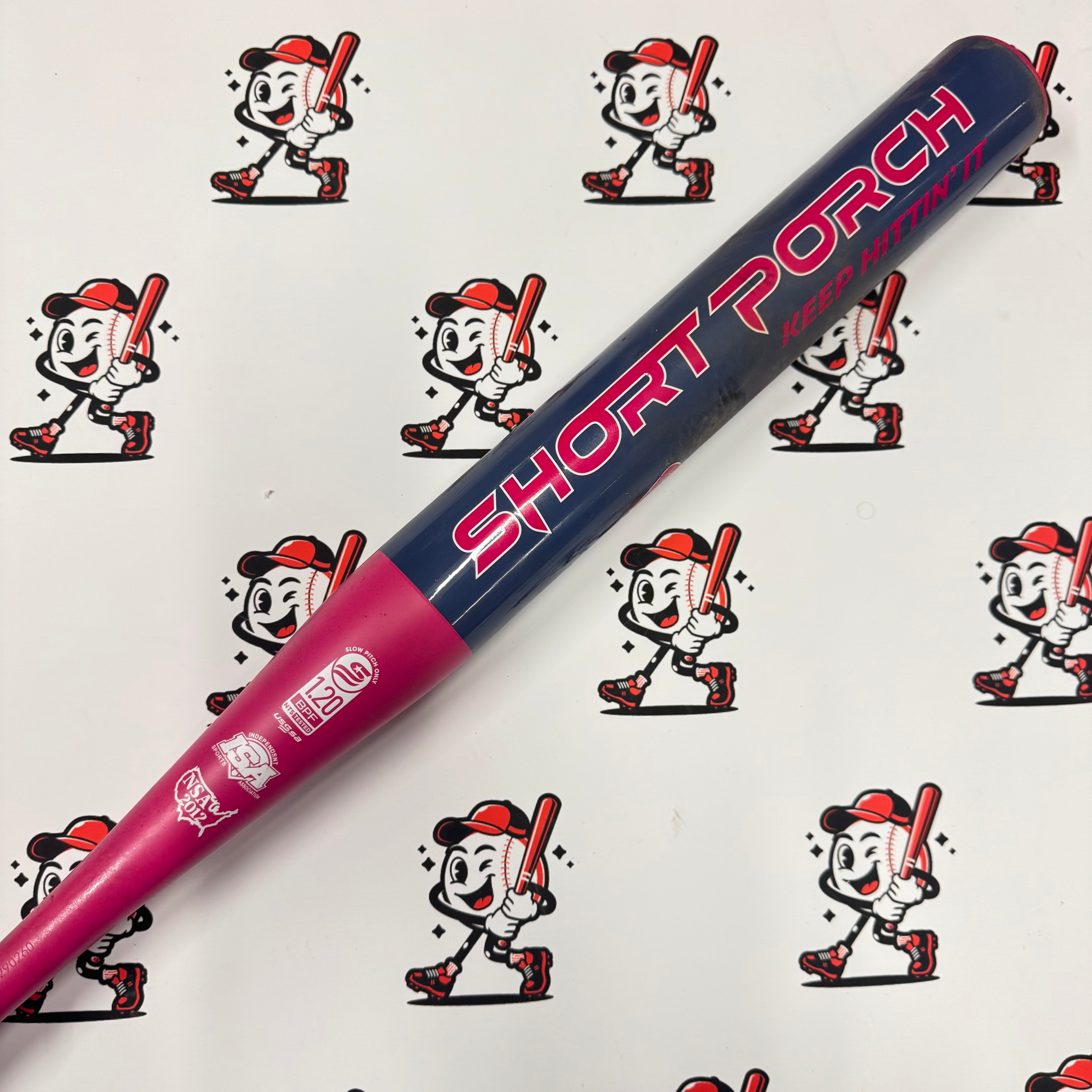 (AUCTION) USED 2025 Short Porch Fat Guy BP Loaded USSSA Slowpitch Softball Bat - Pink/Charcoal (26oz)