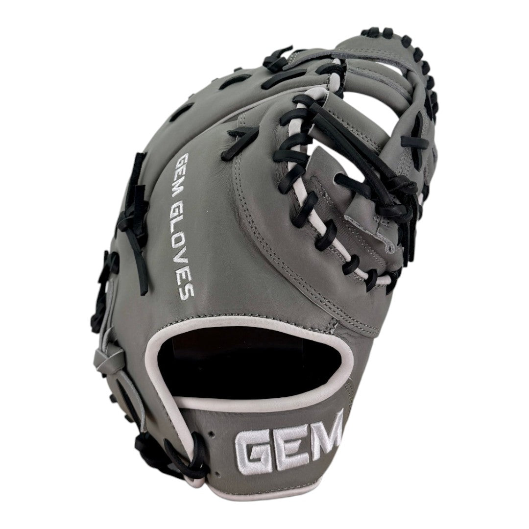 Gem Gloves Softball First Base Mitt/Glove - GEM021 (Grey/Black/White) – Product View | Smash It Sports | leather, kip, pro