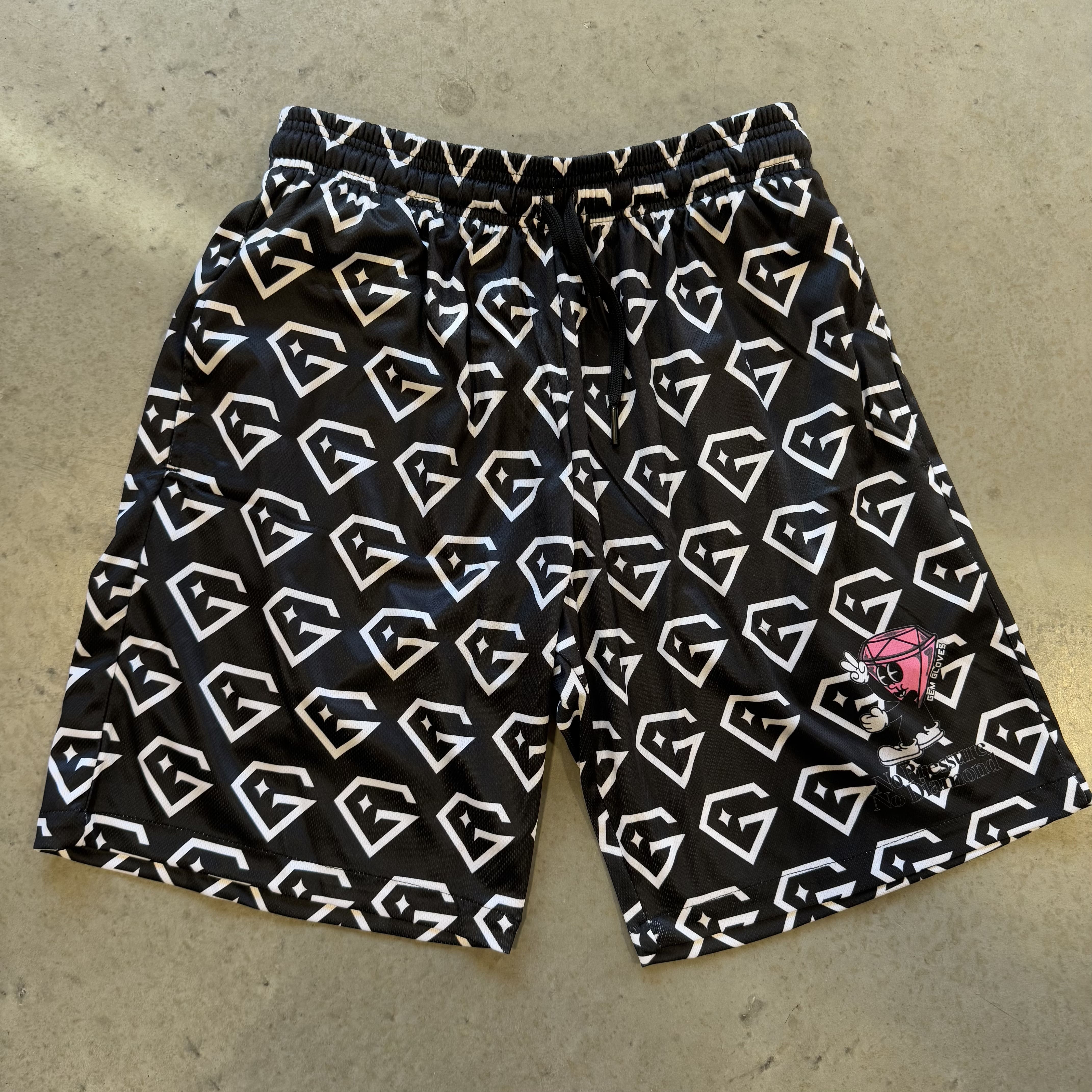 Gem Gloves Mesh Shorts - No Pressure No Diamonds - Black/White