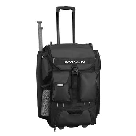 Black Miken rolling sports bag with multiple compartments and handles on a white background