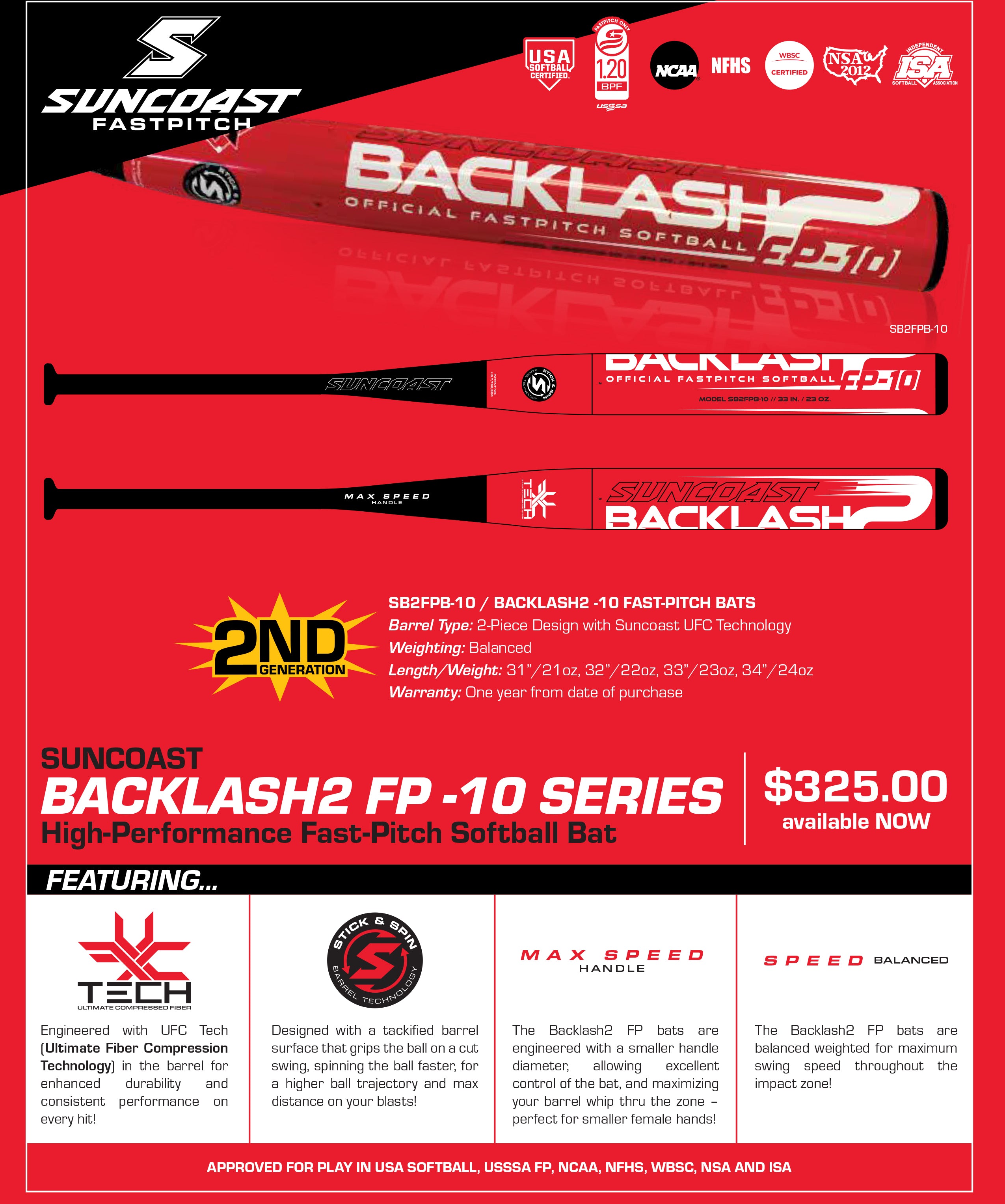 2024 Suncoast Backlash2 FP -10 Fastpitch Softball Bat (All Associations)