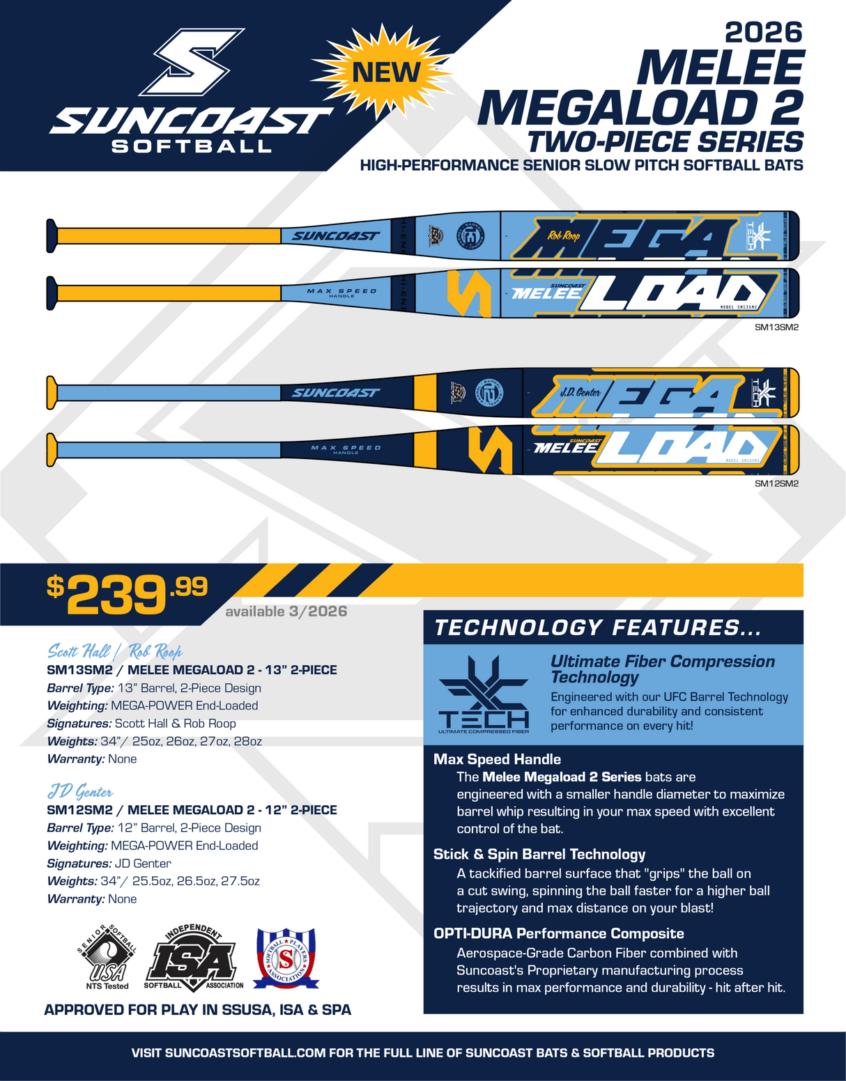 2026 Suncoast Melee Megaload 12" 2-Piece End Loaded SSUSA Senior Slowpitch Softball Bat