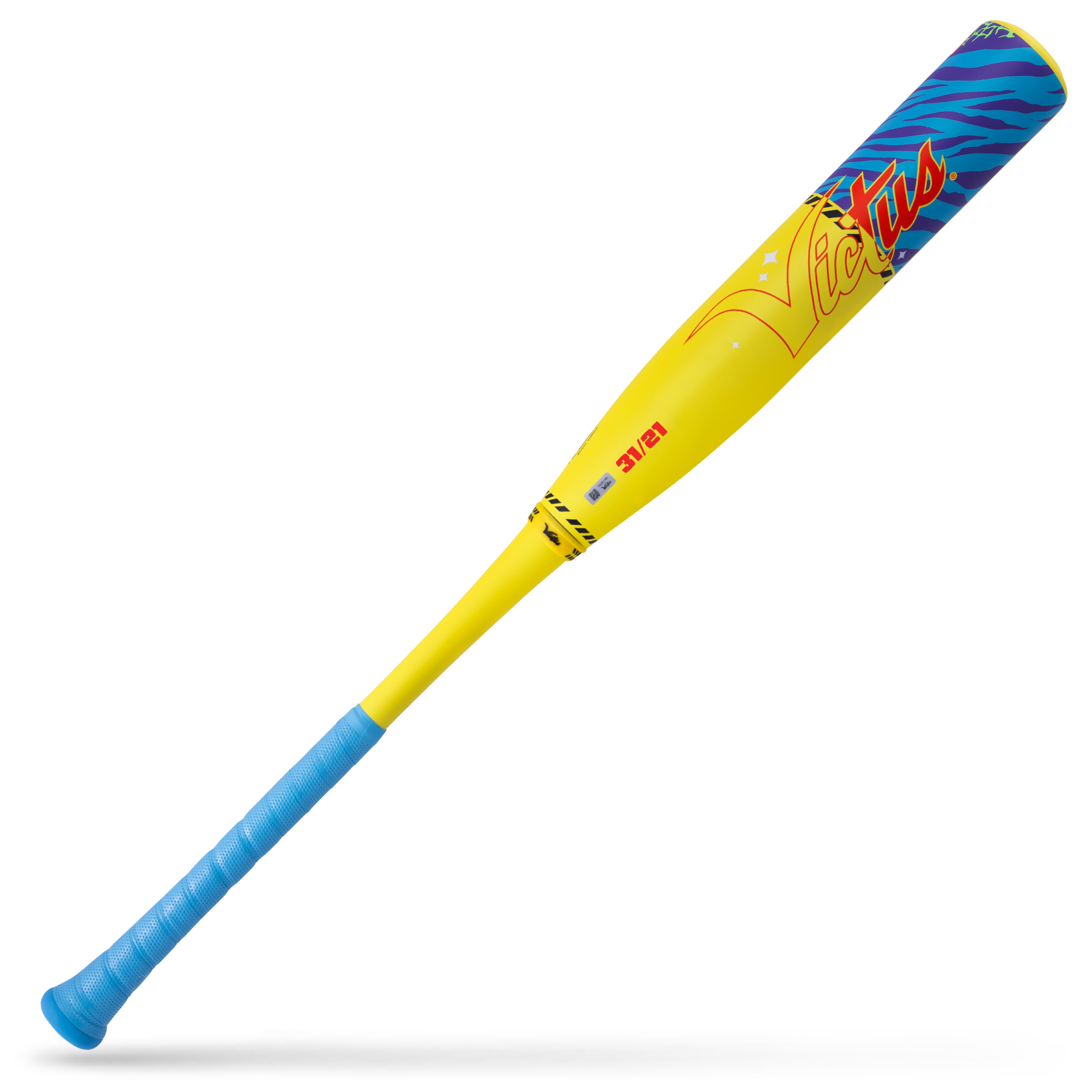Colorful baseball bat with blue and yellow design on a white background