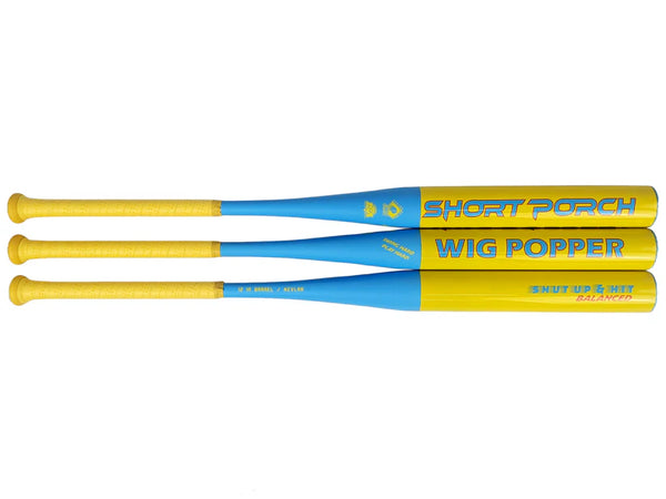 2025 Short Porch Wig Popper Blue/Yellow Balanced 1-Piece Kevlar Spin Tech SSUSA Senior Slowpitch Softball Bat