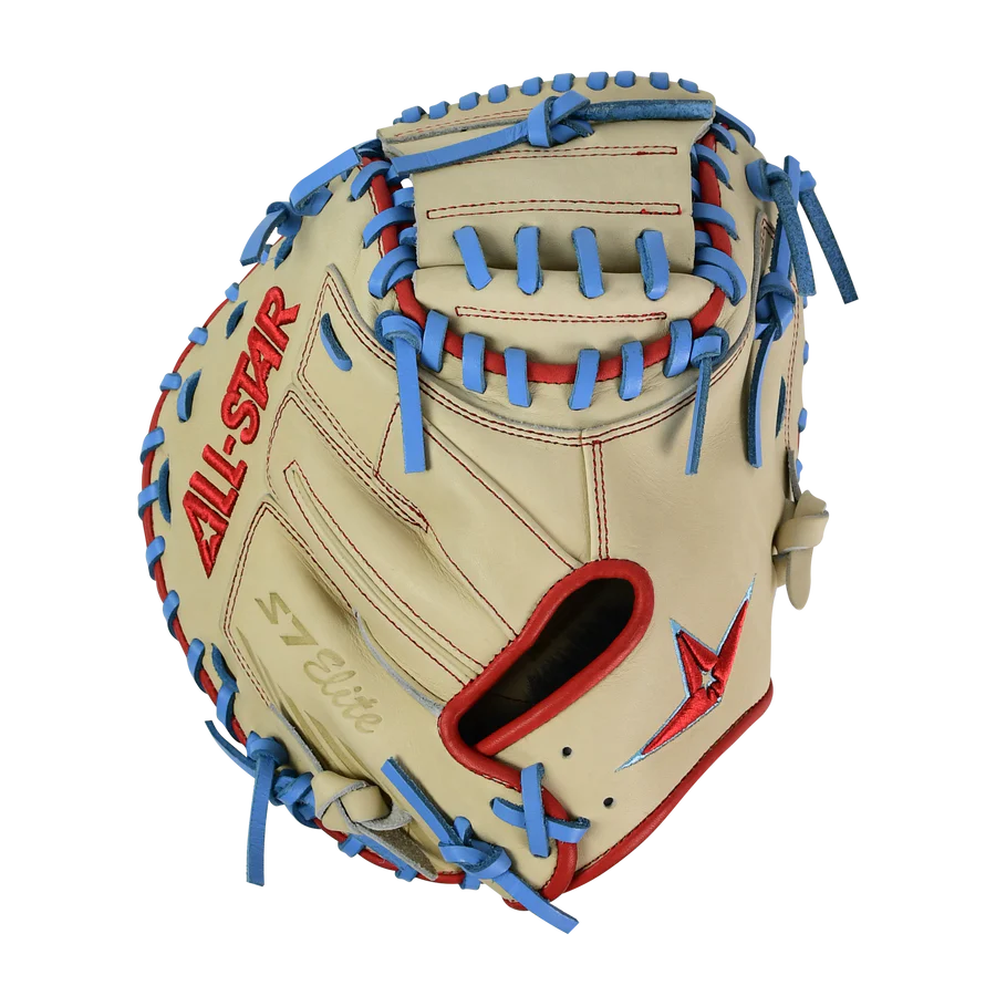 All-Star S7-Elite Pro Travel Fit Catchers Mitt/Glove - Tan/Red/Sky Blue