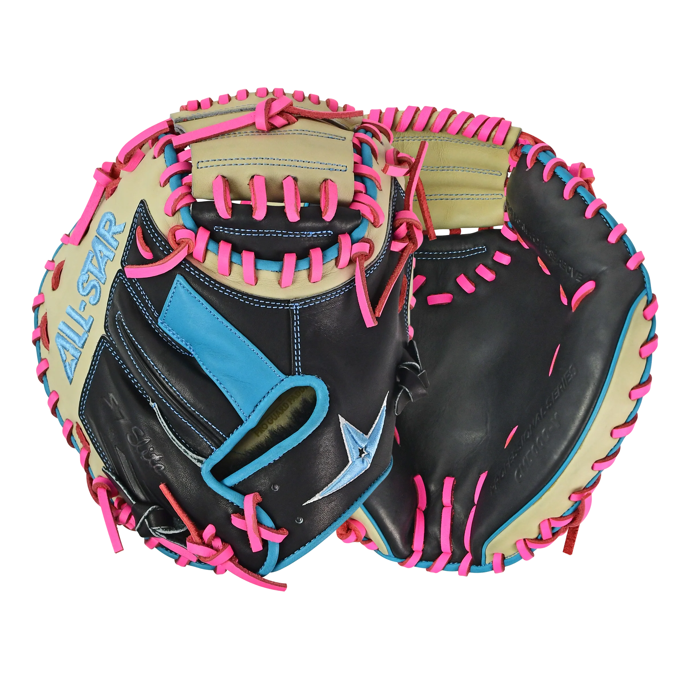 All-Star S7-Elite Pro Travel Fit Catchers Mitt/Glove - Black/Tan/Sky Blue/Pink