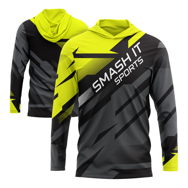 Smash It Sports Hooded Long Sleeve Tee - Black/Charcoal/Neon Yellow