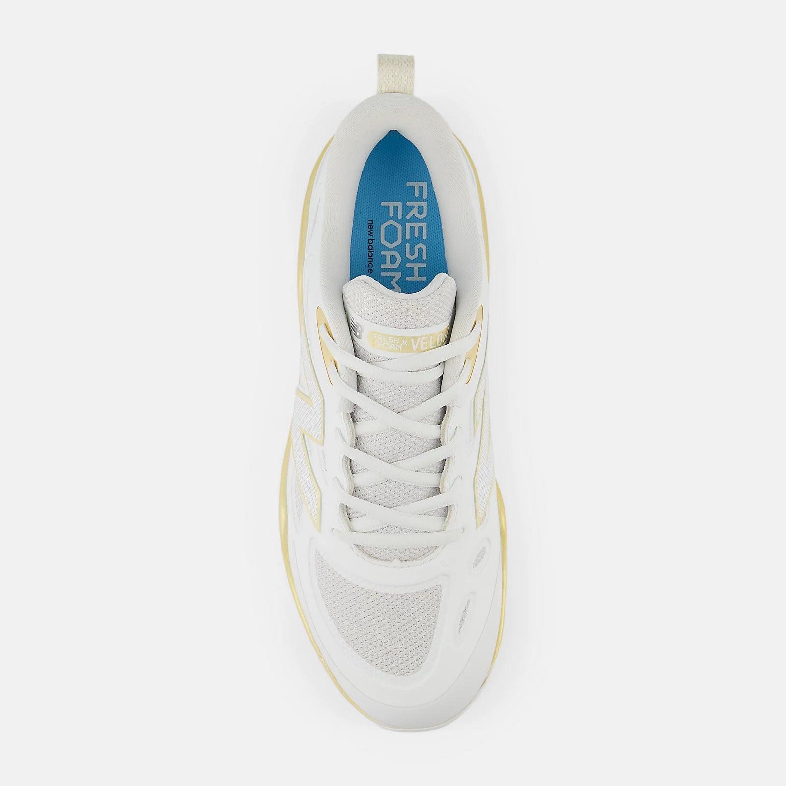 New Balance Women's Fresh Foam X Velo v4 Molded Softball Cleats - White/Gold SPVELOC4 - Smash It Sports