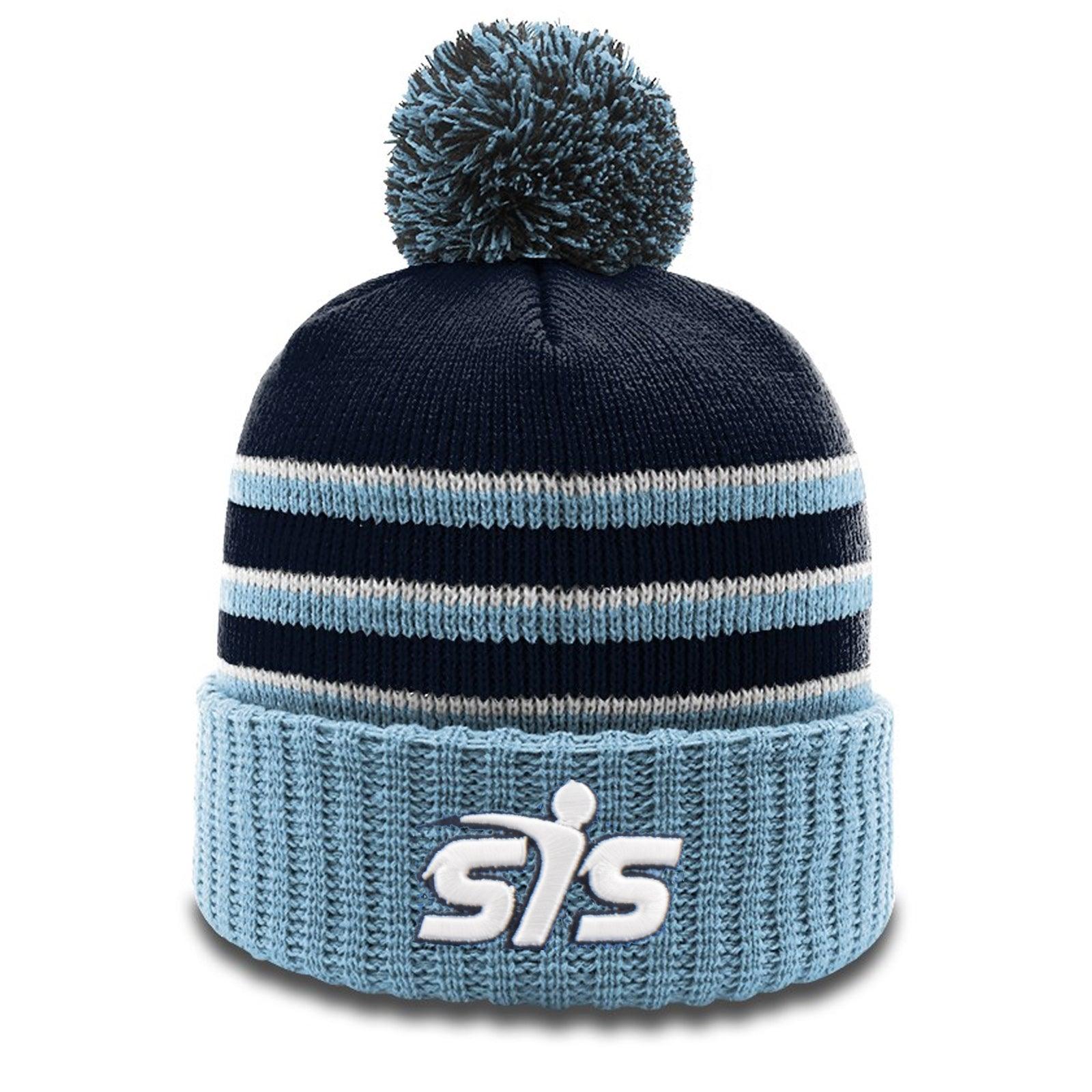 Smash It Sports Beanie #134 with Pom (Navy/Columbia Blue/White)